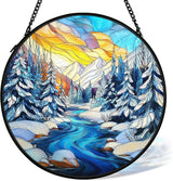 Winter Wonderland Christmas Suncatcher Stained Glass Window Hanging Decorstions, Landscape Stained Glass Wall Decor, Winter Solstice Gifts, Forest Garden Sun Catchers Window Art, 7.9x7.9 Inch