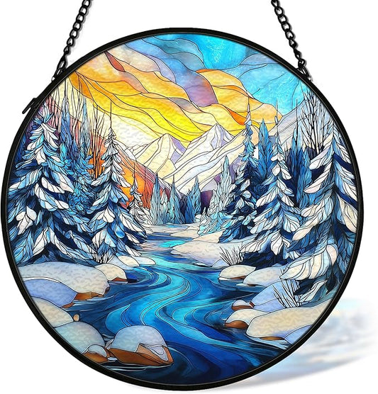 Winter Wonderland Christmas Suncatcher Stained Glass Window Hanging Decorstions, Landscape Stained Glass Wall Decor, Winter Solstice Gifts, Forest Garden Sun Catchers Window Art, 7.9x7.9 Inch