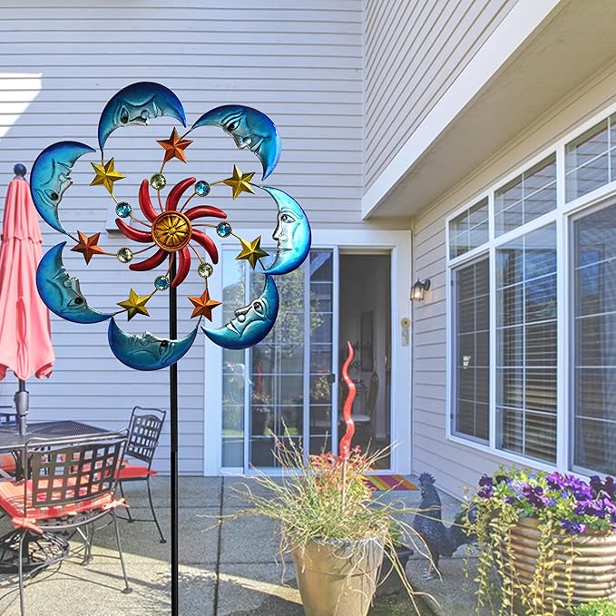 Moon Sun 58-Inch Metal Wind Spinner with Stake for Garden, Yard, Lawn and Patio Decor