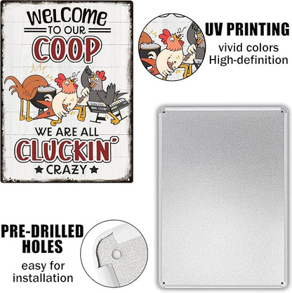 Welcome To Our Coop Funny Chicken Sign-Funny Metal Chicken Tin Sign for Home Farm Chicken Coop Farmhouse Kicthen Garden Decor 8 X 12 Inch