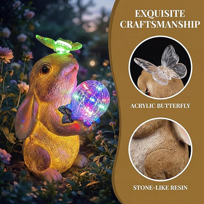 Solar Bunny Garden Statue Outdoor Decor, Glowing Rabbit Figurine with Warm Light Body, Color-Changing Butterfly and Multicolor LED Orb, for Mom Grandma Women Patio Lawn Yard