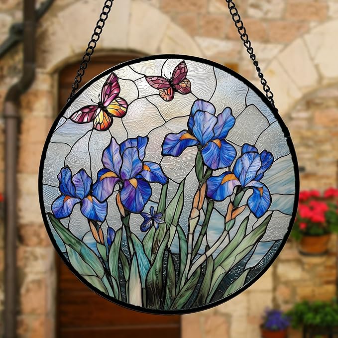 DASTOLL Stained Glass Window Hanging, Blue Iris Flowers Butterfly Suncatcher Diamond Colorful Glass Panel Sun Catchers Decor for Birthday for Women, Men, Wife, Aunt, and Mom 7.8 in