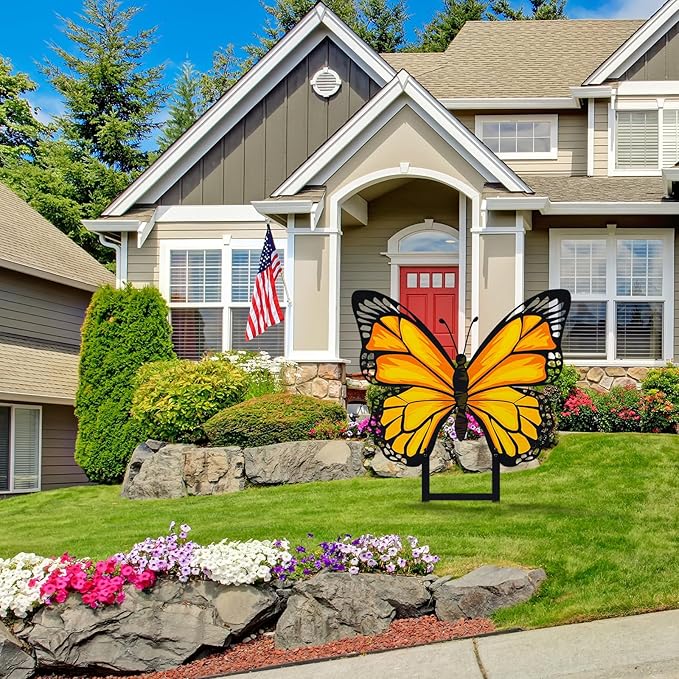 1 Pcs Spring Metal Butterfly Garden Stakes Decor 16.5 Inch Decorative Yellow Butterfly Yard Stake Outdoor Insect Decor Metal Garden Art Ornaments for Patio Porch Lawn Backyard