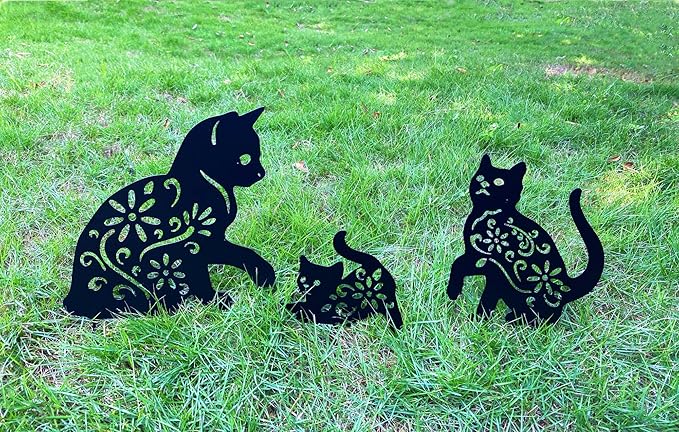 3 Pack Cat Decorative Garden Stake Metal Cat Garden Statues Black Cats Silhouette for Yard Outdoor Decor Lawn Ornaments