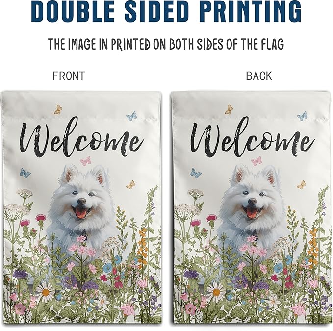Floral Samoyed Garden Flag Spring Summer Yard Flag Flower Dog Garden Flags for Outside Small Outdoor Welcome Flags 12x18 Double Sided
