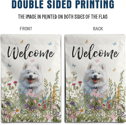 Floral Samoyed Garden Flag Spring Summer Yard Flag Flower Dog Garden Flags for Outside Small Outdoor Welcome Flags 12x18 Double Sided