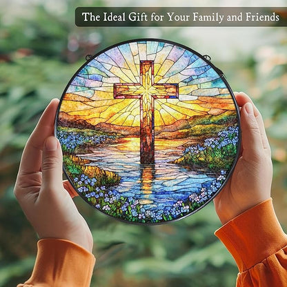 Cross Forget Me Not Stained Glass Window Hanging Suncatcher, Christian Flower Sunset Sun Catcher Indoor Window Decor Gifts, Religious Painted Glass Round Wall Hanging Decorations 7.8x7.8 in