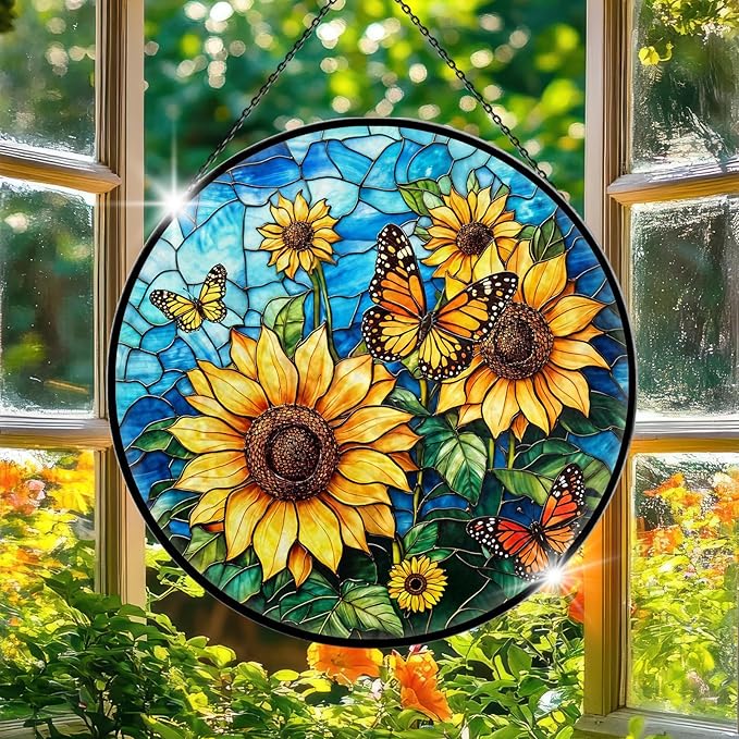 Sunflower Stained Glass Window Hanging, 7.9" Sunflower Sun Catcher Glass Panel with Chain, Sunflowers Hand Painted Round Wall Art Gifts for Women, Sunflowers Decor Christmas Housewarming Gift