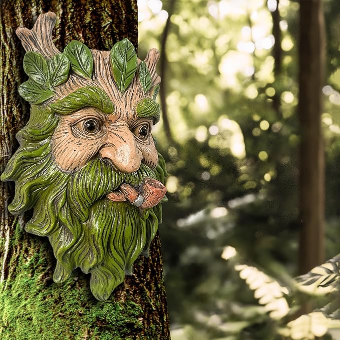 Teaeeno Whimsical Tree Face Garden Decoration, 11.8 in Tree Faces Decor Outdoor Wallmounted Statue Art with Leaf Features, Outdoor Decor Garden Accessory (Nature and Outdoors)