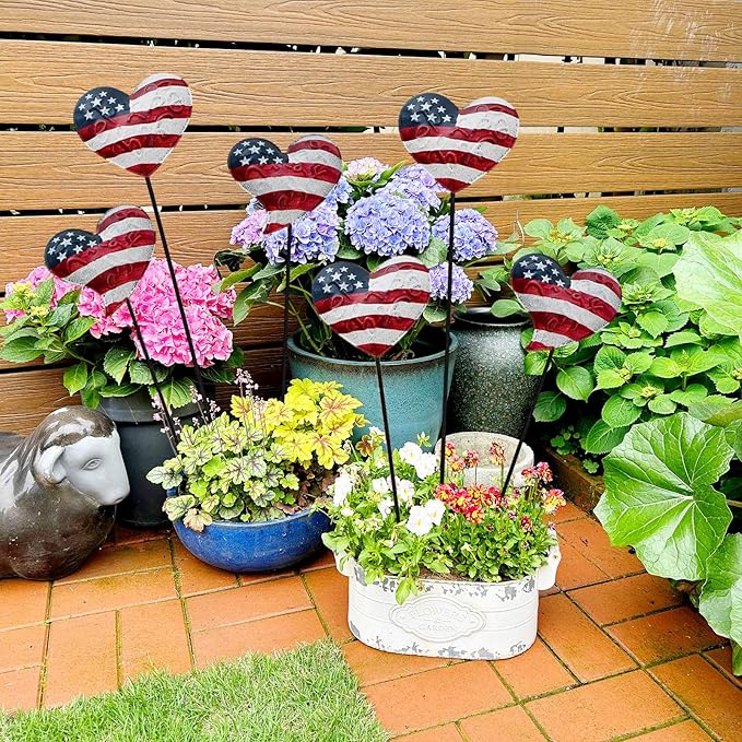 4 Set 12.4" H Metal Heart American Flag Garden Stakes Patriotic US Flag Yard Signs Lawn Decor for Garden Patio Plant Pot Memorial Day 4th of July Independence Day Decorations