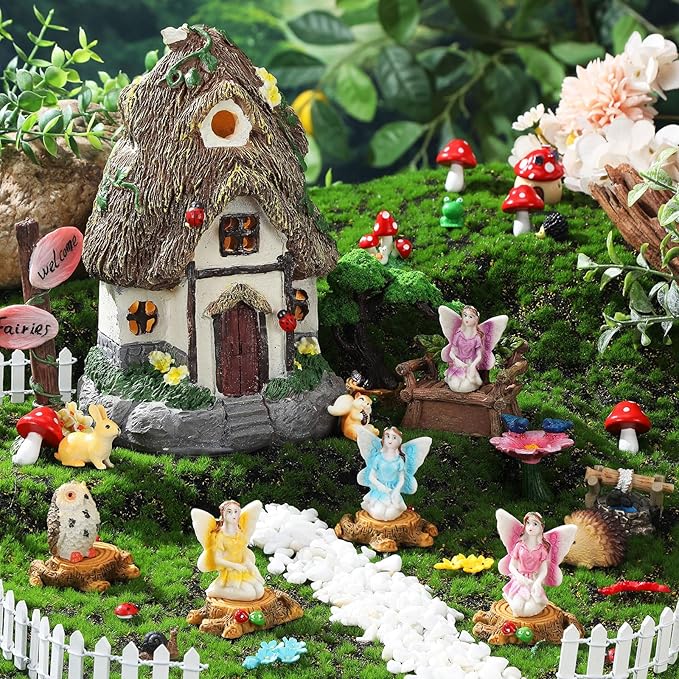 Leyndo 28 Pcs Solar House Garden Accessories Fairy Light up Fairy Figures Garden Kit Resin Miniature Mushroom House Figures Micro Landscape Ornaments(Classic)