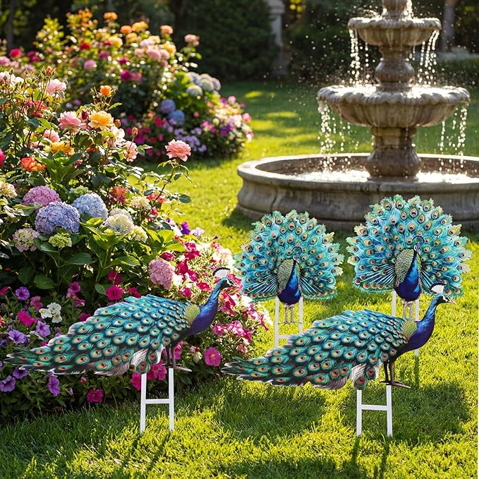 Riakrum 4 Pcs Metal Peacock Statue Garden Decor Outdoor Metallic Peacock Tail Spread Yard Lawn Decoration Housewarming Birthday Gifts for Patio, Lawn, or Entryway, Multicolor
