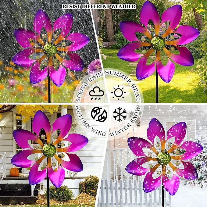 COOZZYHOUR Outdoor Metal Flower Wind Spinners,36 Inch Purple Flower Windmill with Stake,Pinwheels for Yard Lawn Patio and Garden Decor-Purple