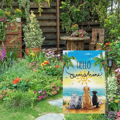Summer Garden Flag Hello Sunshine Dog Cats Beach Double Sided Burlap 12x18 Inche for Porch Lawn Yard Outdoor and Home Decor