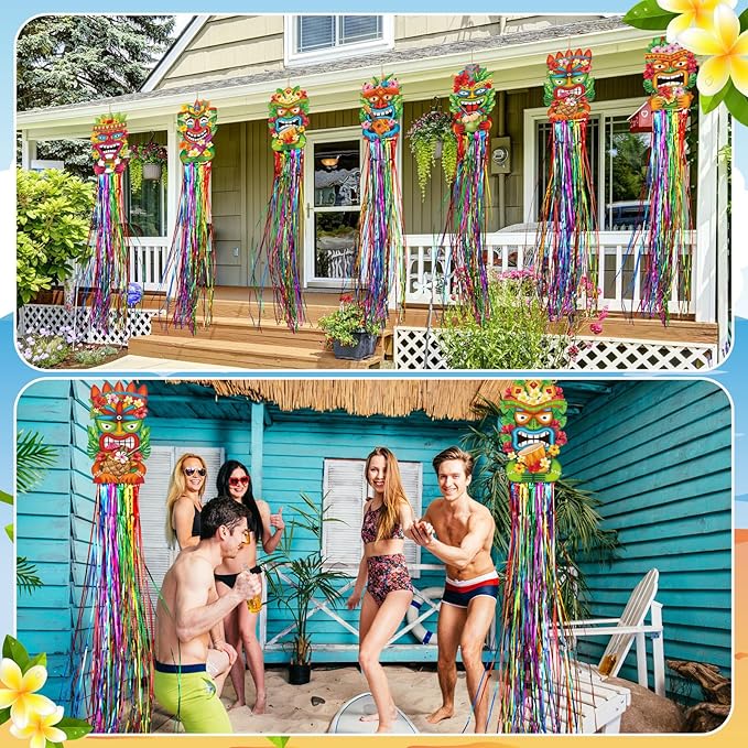 Affrolling 8 Pcs Hawaiian Luau Party Decoration Tiki Totem Hanging Decorations with Tassels for Aloha Hawaii Luau Tropical Birthday Party Supplies 3.3 ft Outdoor Summer Tiki Door Banner Sign Decor