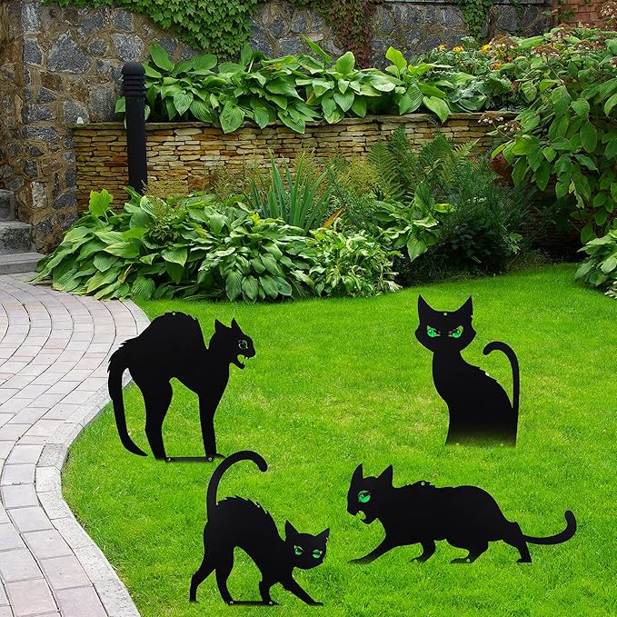 JOYIN 4 Pcs Halloween Black Cat Silhouette Yard Signs with Stakes, Halloween Decorations Outdoor, Halloween Yard Lawn Garden Sign for Family Home Front Yard Party Decor