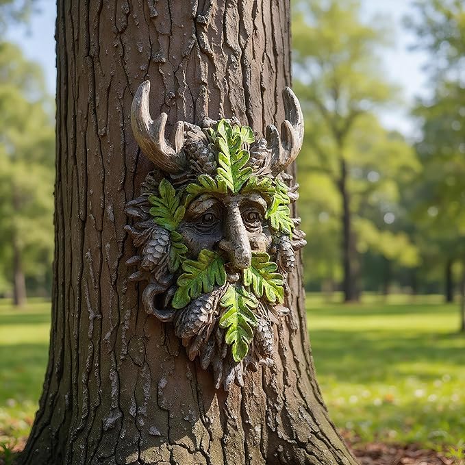 8.3" Real Tree Face Hugger Statue, Garden Outdoor Resin Sculpture with Foliage Features, Fairy Elve Accent Yard Art, Halloween Trees Decorations Outdoor Wall Mounted Statue