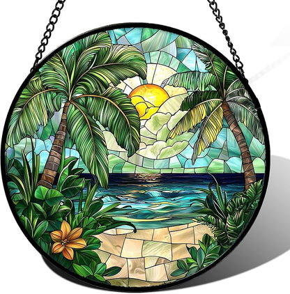 DASTOLL Stained Glass Window Hanging, Green Beach Scenery Suncatcher Diamond Glass Panel Hangings Sun Catchers Decor for Birthday for Women, Men, Wife, Aunt, and Mom 14.9x14.9 in