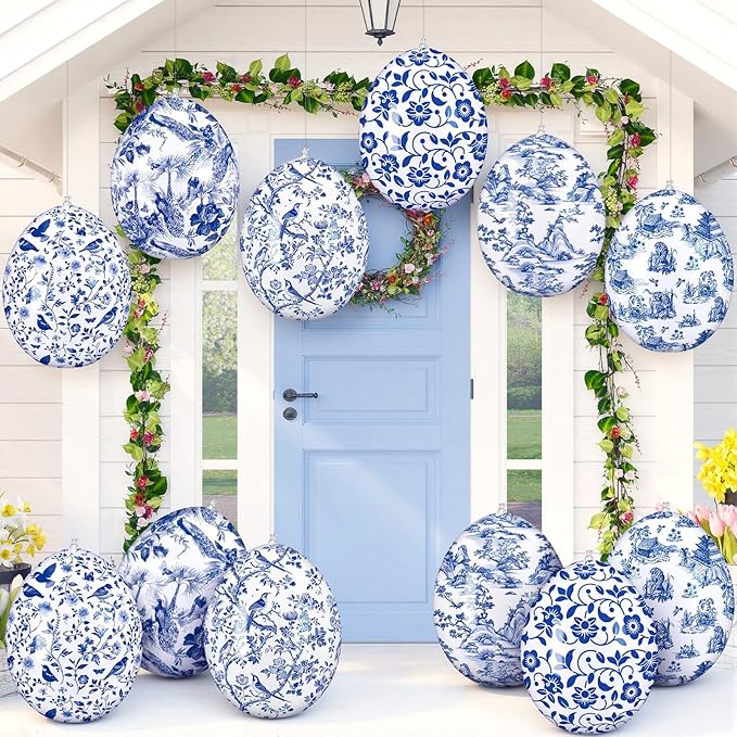 Realspring 12 Pcs 12 Inch Inflatable Blue and White Easter Eggs Decorations Chinoiserie Porcelain Easter Inflatables Outdoor Decor Spring Large Blow up Hanging Egg Ornaments for Holiday Party Supplies