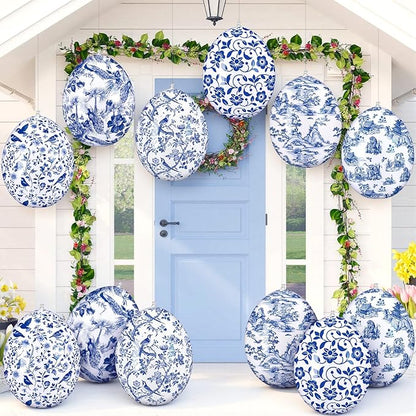 Realspring 12 Pcs 12 Inch Inflatable Blue and White Easter Eggs Decorations Chinoiserie Porcelain Easter Inflatables Outdoor Decor Spring Large Blow up Hanging Egg Ornaments for Holiday Party Supplies
