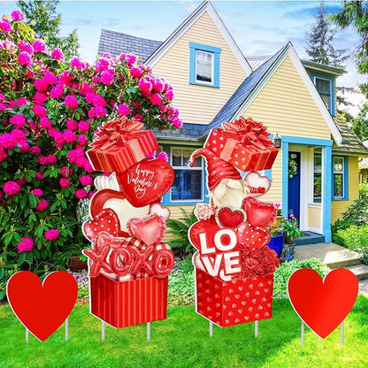 Yuntau 4 Pcs Valentine's Day Yard Signs Gnome Outdoor Sign with Stakes Valentine Red Heart Rose Gnome Lawn Gift Box for Holiday Pathway Lawn Walkway Patio Party Wedding Anniversary Decor
