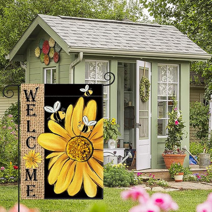 AVOIN colorlife Spring Summer Bee Sunflower Garden Flag 12x18 Inch Double Sided, Welcome Holiday Burlap Yard Outdoor Decoration