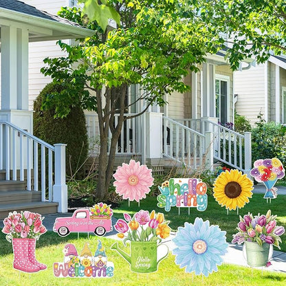 Amyhill 12 Pack Hello Spring Yard Decoration Outdoor Flower Garden Lawn Stake Signs with Stakes Waterproof Spring Garden Decor for Holiday Party Patio Lawn Walkway Outside (Retro Style)