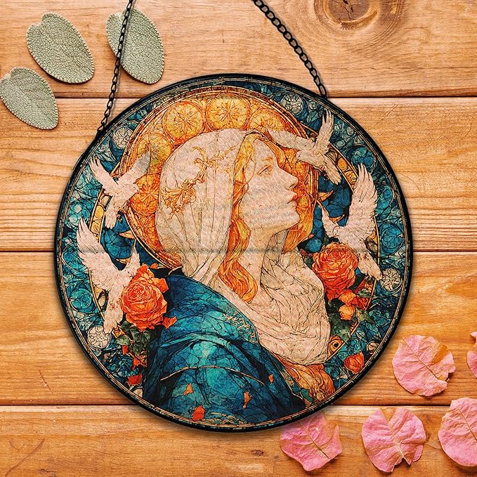 Christian Virgin Mary Suncatcher Garden Stained Glass Window Hanging, Our Lady of Grace Sun Catchers Indoor Window Glass Round Wall Decor, Religious Wall Art Hanging Decorations, ＂7.8x7.8＂