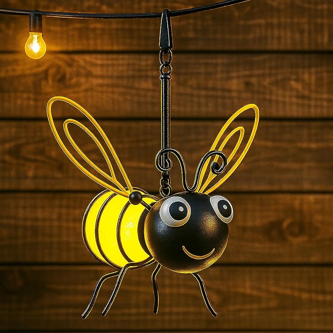 Solar Bee Lights Outdoor – Hanging Metal Bee Lights with Hook, Waterproof Garden Decorations for Yard, Patio & Trees, Winter Holiday Gifts & Outdoor Décor for Women & Kids (Gold-1PC)