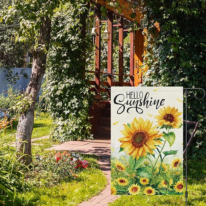 Spring Summer Sunflower Garden Flag 12x18 Inch Double Sided Burlap for Outside，Hello Sunshine Yard Sign Seasonal Holiday Outdoor Decoration