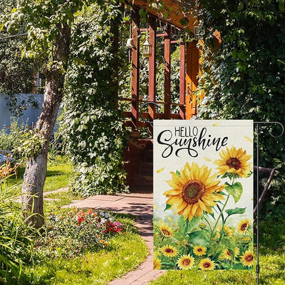 Spring Summer Sunflower Garden Flag 12x18 Inch Double Sided Burlap for Outside，Hello Sunshine Yard Sign Seasonal Holiday Outdoor Decoration