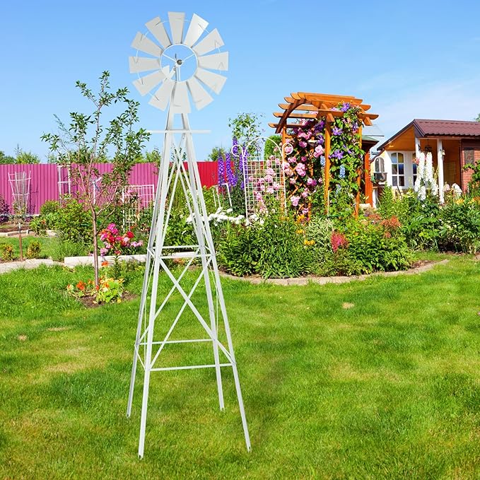 Metal Windmill for Garden Yard Decor, 8ft Tall Windmill Pinwheels Outdoor with Spinning Blades, Weather Vanes Lawn Ornaments, Weather-Resistant, White