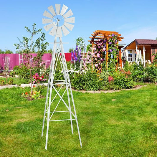 Metal Windmill for Garden Yard Decor, 8ft Tall Windmill Pinwheels Outdoor with Spinning Blades, Weather Vanes Lawn Ornaments, Weather-Resistant, White