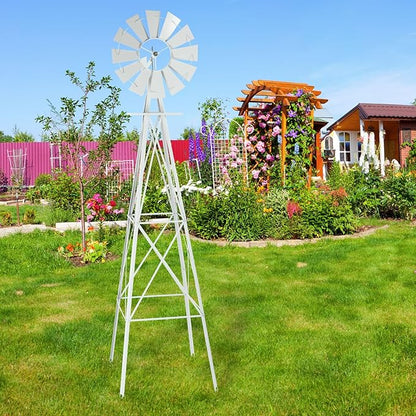 VINGLI 8FT Ornamental Windmill Backyard Garden Decoration Weather Vane, Heavy Duty Metal Wind Mill w/ 4 Legs Design,White