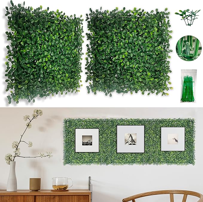 Bybeton Artificial Grass Wall Panels 10"x 10" (10Pcs), Extra-Dense for True Privacy, UV-Resistant Faux Boxwood Hedge for Outdoor Fence & Greenery Backdrop