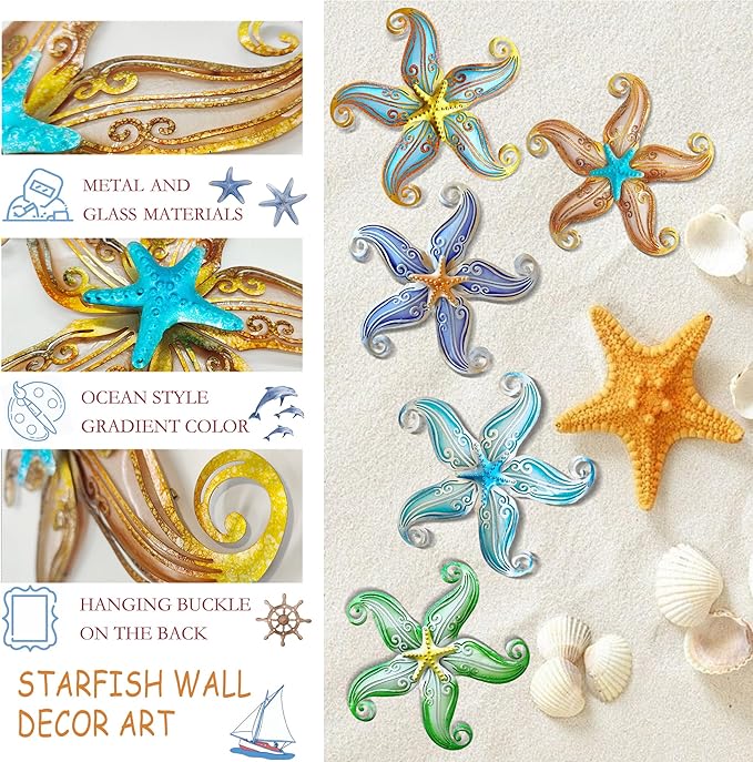 POXOHO Starfish Garden Decorations Outdoor, Starfish Wall Decor Art for Fence Patio Yard, 12" Hanging Glass Sculpture, Outdoor Wall Art Ocean Gifts for Women & Men (Apricot)