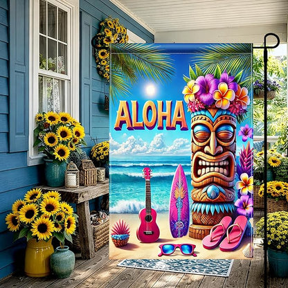 BlissYard Aloha Tiki Garden Flag 12x18 Double Sided Vertical Outdoor Decor Tropical Island Beach Tiki Mask Surf Guitar Summer Yard Garden Lawn Patio Banner