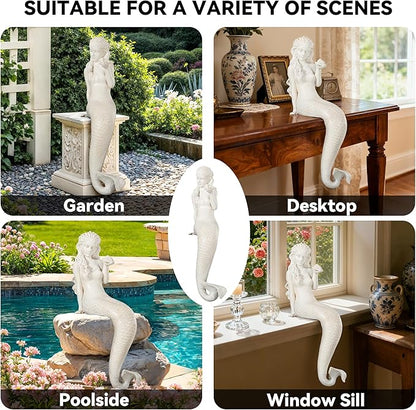 Mermaid Statue Outdoor, Large 25.6 Inch Garden Sculpture Figurines for Lawn and Patio Decor, Durable MGO Stone Yard Art with Weatherproof Finish for Indoor Decor Christmas Gift Antique White