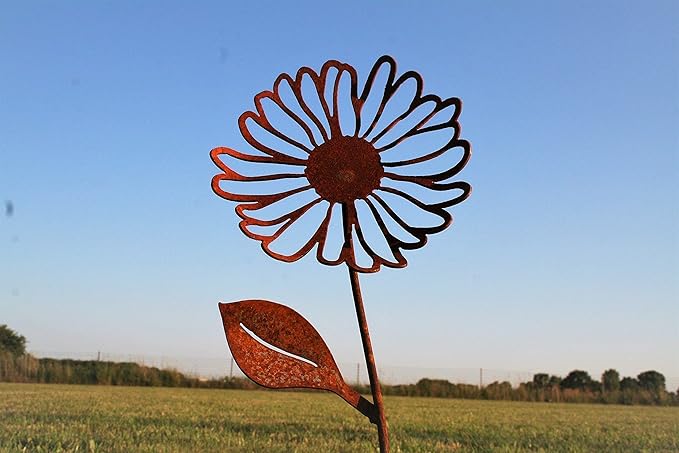 Metal Rustic and Colorful Flower Stakes Ranging from 9.5 to 36 Inches Tall (Daisy, Butterfly and Twisted Daisy Set, Naturally Rusted)