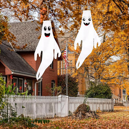 2PCS Halloween Cute Ghost Windsocks Hanging Decorations - 43 Inch Flag Wind Socks for Home Yard Outdoor Decor Party Supplies (No Lights)