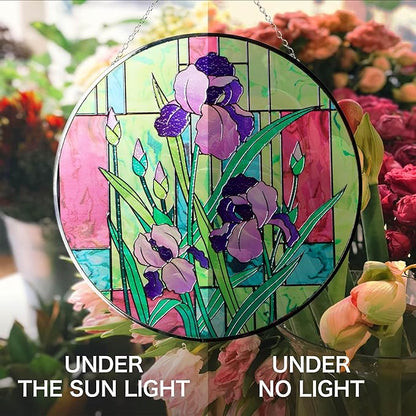 Hanway Suncatcher in Colorful Stained Glass 12" Dia - Genuine Brightly Colored Glass, Protective Metal Edge, Ready to Use Hanging Chain, for Window, Garden (Iris)