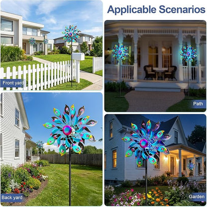 360°Peacock Solar Wind Spinner with Lights Blue Metal Garden Outdoor Decor Yard Lawn Art Decor for Patio Kinetic Windmills Unique Gifts for Friends and Family 51.9' H x 12.2'' Dia