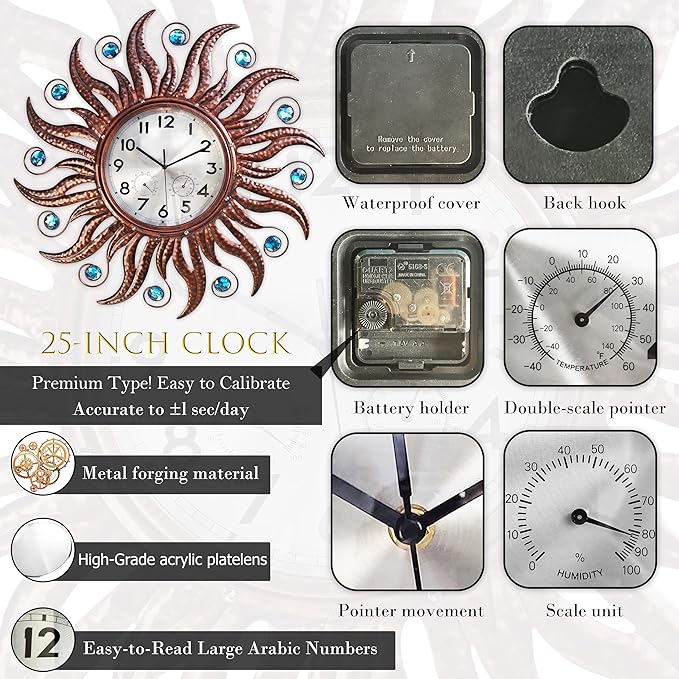 COOZZUHOUR 25 Inch Metal Sun Outdoor Shaped-Clock with Thermometer and Hygrometer Combo, Battery-Powered 10-inch Waterproof Dial and Silent Quartz Movement for Home Decorative Gifts(Bronze)
