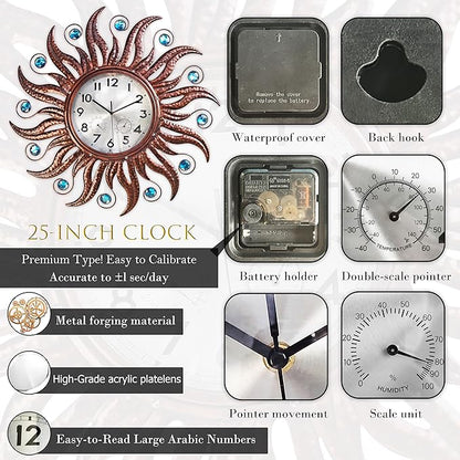 COOZZUHOUR 25 Inch Metal Sun Outdoor Shaped-Clock with Thermometer and Hygrometer Combo, Battery-Powered 10-inch Waterproof Dial and Silent Quartz Movement for Home Decorative Gifts(Bronze)