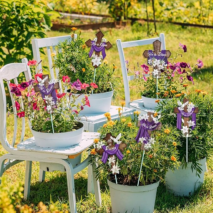 Cinrobiye 12Pcs Easter Planter Stakes Religious He is Risen Flower Pot Signs Christian Cross Stake Outdoor Lawn for Easter Party Patio Yard Outside Greetings Home Farmhouse Decor