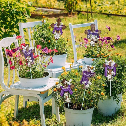 Cinrobiye 12Pcs Easter Planter Stakes Religious He is Risen Flower Pot Signs Christian Cross Stake Outdoor Lawn for Easter Party Patio Yard Outside Greetings Home Farmhouse Decor