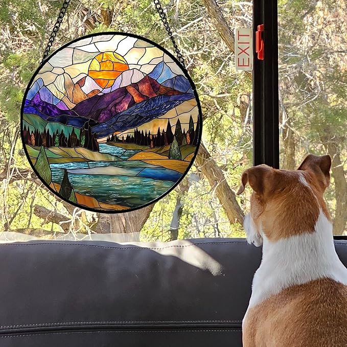 Stained Glass Window Hanging, Mountains River Trees Abstract Sunset Landscape Suncatcher for Doors Window Home Sun Catchers Decor Mother's Day Birthday Gifts for Women Men Mom 9.8 in
