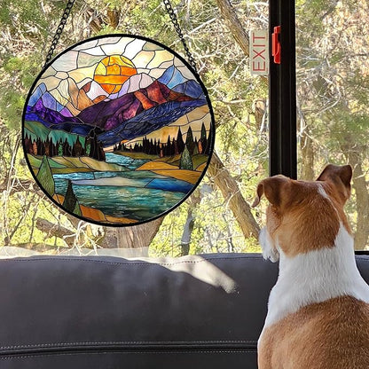 Stained Glass Window Hanging, Mountains River Trees Abstract Sunset Landscape Suncatcher for Doors Window Home Sun Catchers Decor Mother's Day Birthday Gifts for Women Men Mom 9.8 in