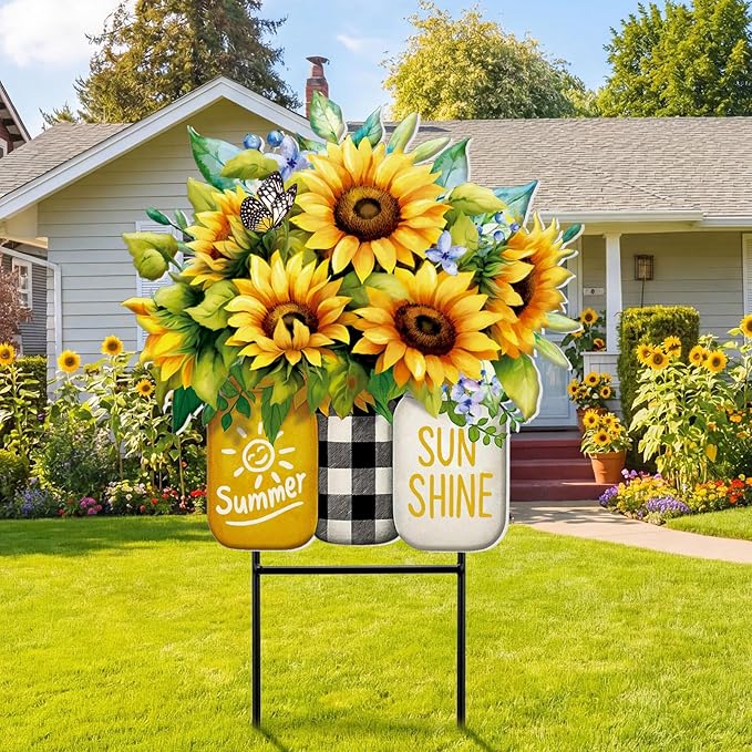 Amyhill Summer Sunflower Outdoor Decor Metal Garden Stakes 25 Inch Summer Welcome Yard Signs Decorations Outdoor Sunflower Decorative Garden Stakes Patio Lawn Walkway Backyard Porch Decorations