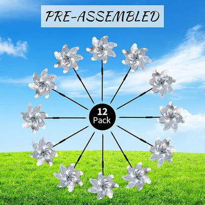 BATTIFE Reflective Pinwheels for Yard and Garden, Pre-Installed Sparkly Blind Birds Pin Wheel, Scare Birds & Animal Away Wind Spinner, 12 Pack (Silver)